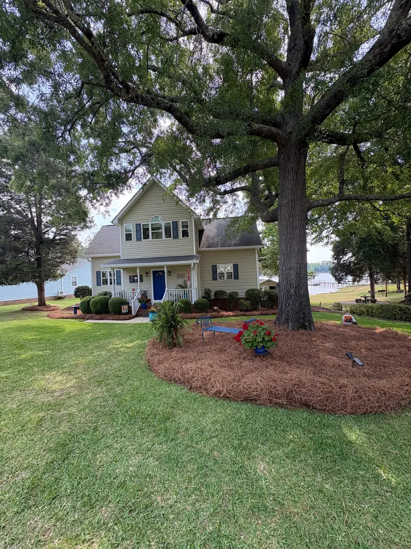 Pine straw bed and seasonal colour under a mature oak at a lake home