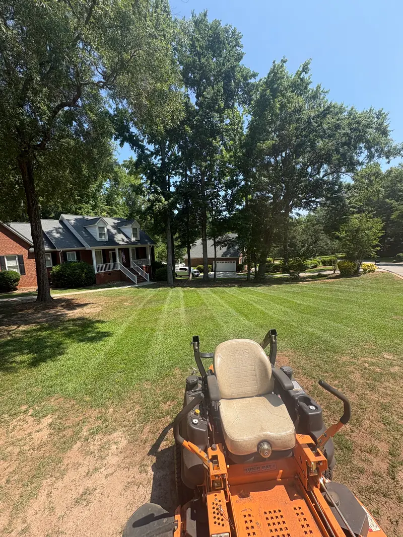 Striped front lawn with the mower still on site